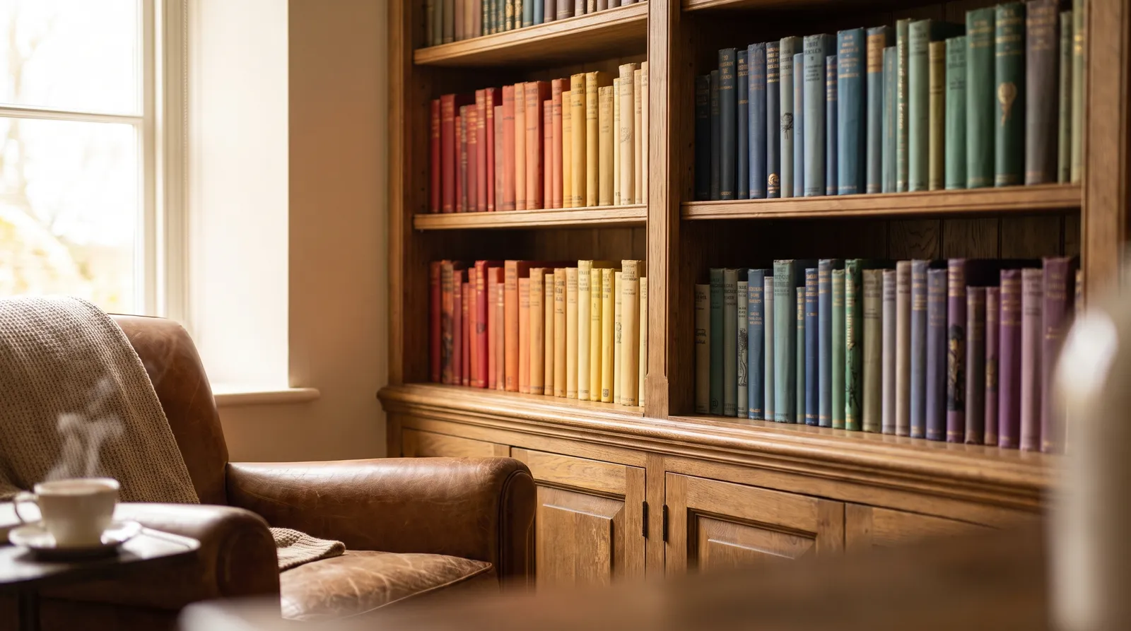 Holzbücherregal mit farblich sortierten Buchreihen neben einem Ledersessel am Fenster