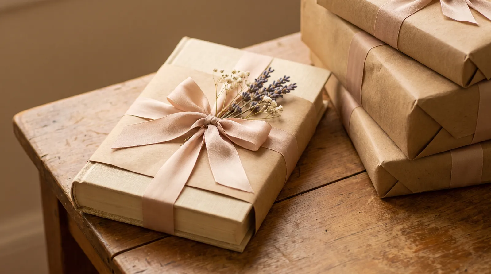 In Packpapier eingeschlagenes Buch mit Seidenschleife und Trockenblumen, daneben weitere verpackte Buchgeschenke