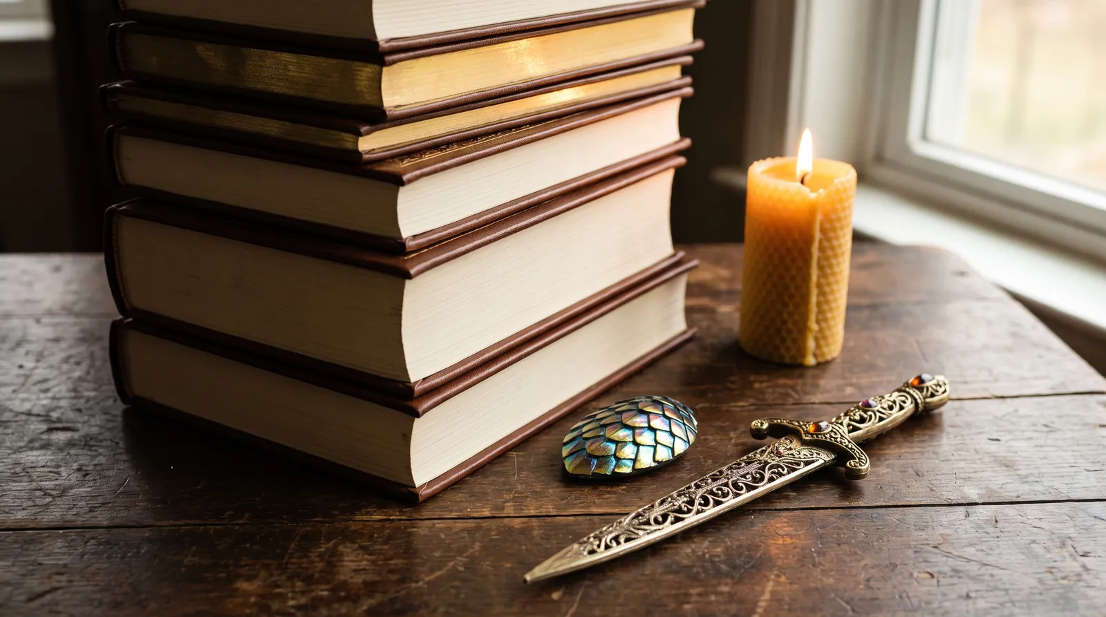 Stapel Fantasy-Bücher mit Drachenmotiv, einer Drachenschuppe und goldenem Kerzenlicht auf dunklem Holz