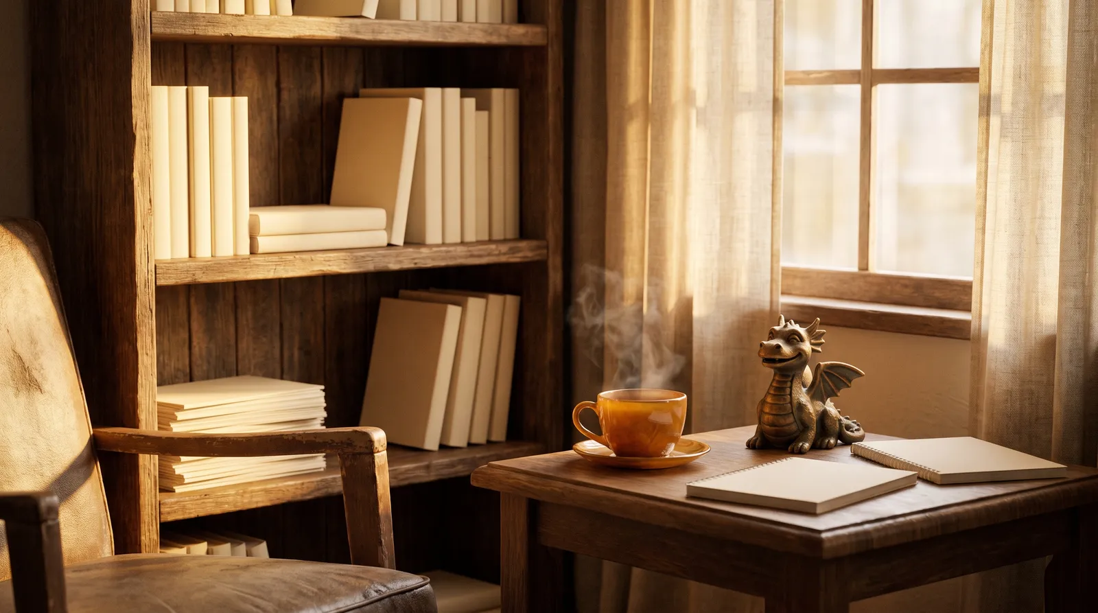 Gemütliches Café mit Bücherregal, dampfender Tasse und einer kleinen Drachenfigur im warmen Nachmittagslicht