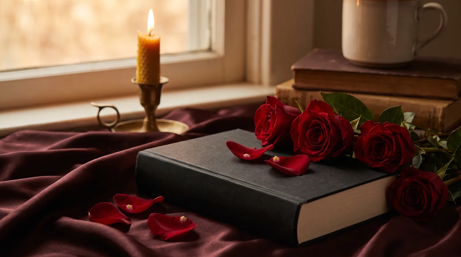 Schwarzes Buch mit dunkelroten Rosen auf weinrotem Samt, im Hintergrund eine Kerze am Fenster