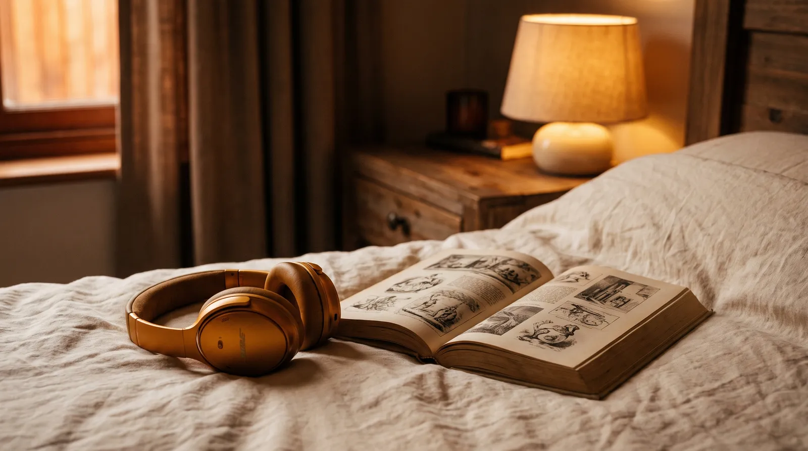 Kopfhörer neben einem aufgeschlagenen Buch auf einer Leinendecke im warmen Licht einer Nachttischlampe