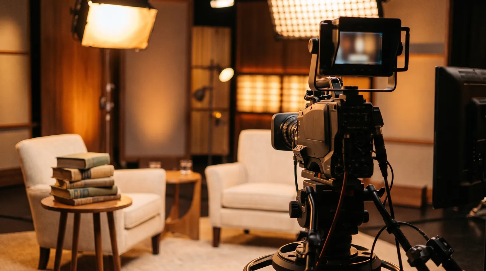 TV-Studio mit Kamera, Interview-Sesseln und einem Stapel Bücher auf dem Beistelltisch
