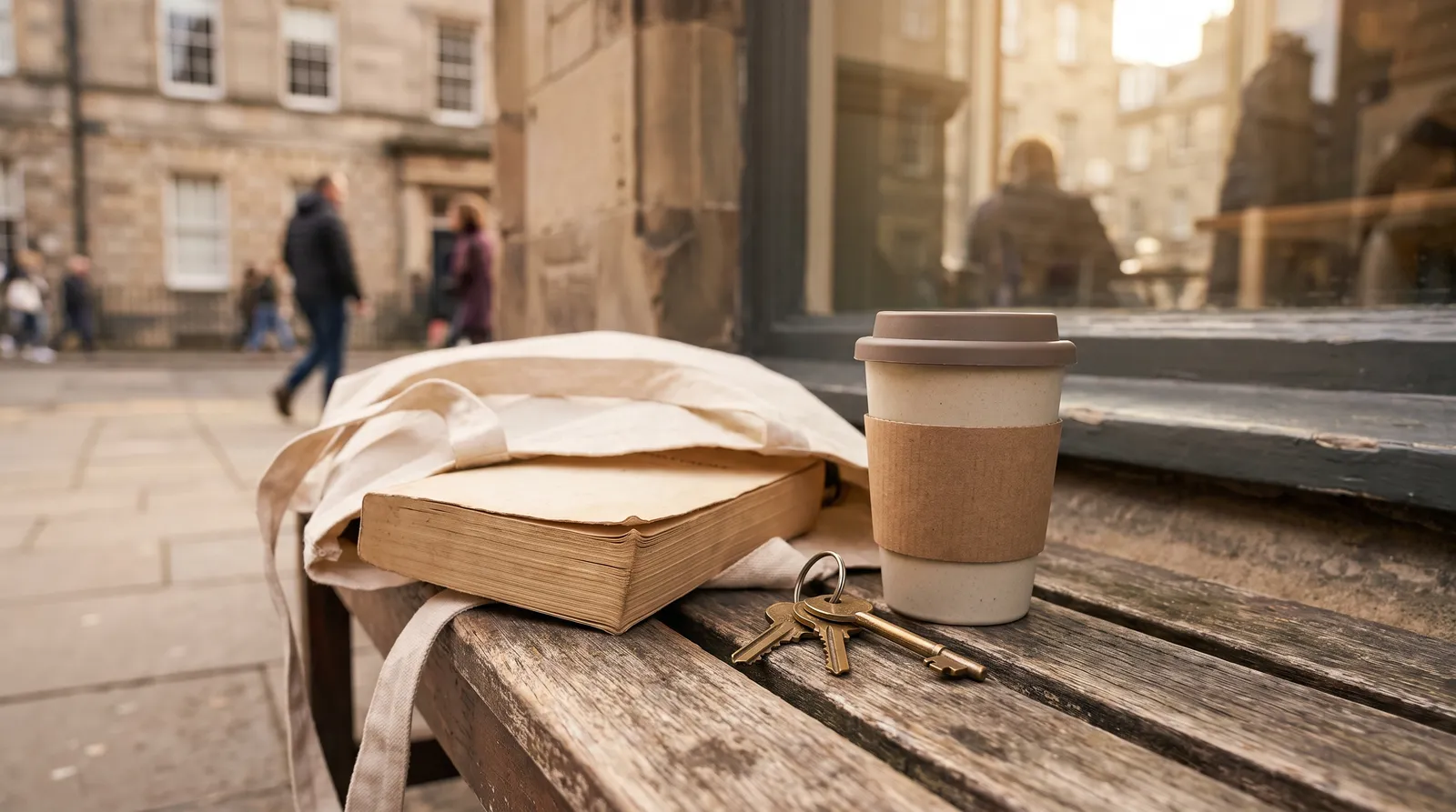 Taschenbuch in einer Stofftasche neben Schlüsseln und einem Kaffeebecher auf einer Holzbank in der Stadt