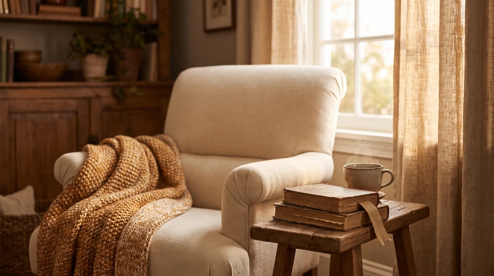 Gemütlicher Sessel mit Strickdecke, daneben ein kleiner Stapel Bücher und eine Tasse Tee im warmen Fensterlicht
