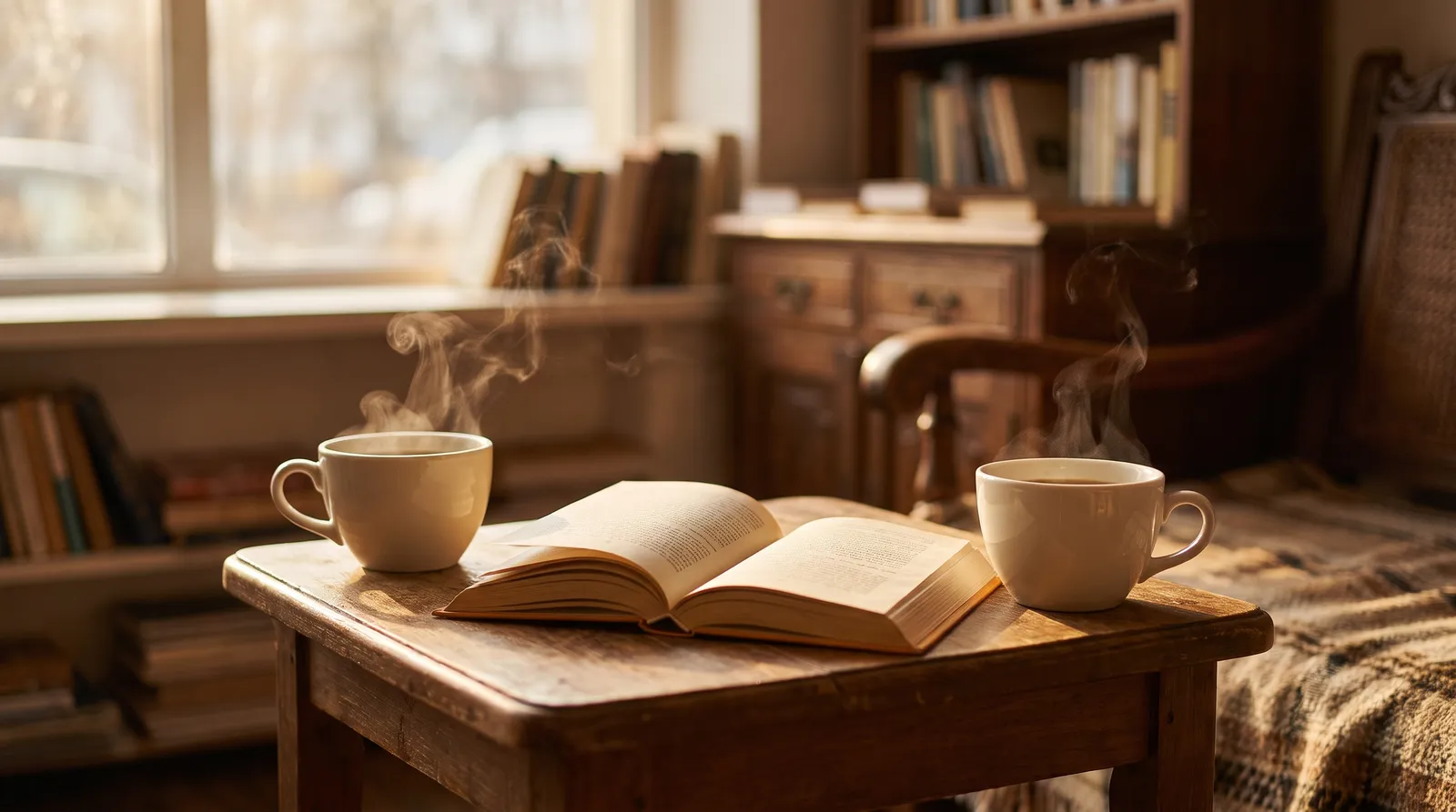 Zwei dampfende Kaffeetassen einander gegenüber auf einem Cafétisch, dazwischen ein aufgeschlagenes Taschenbuch