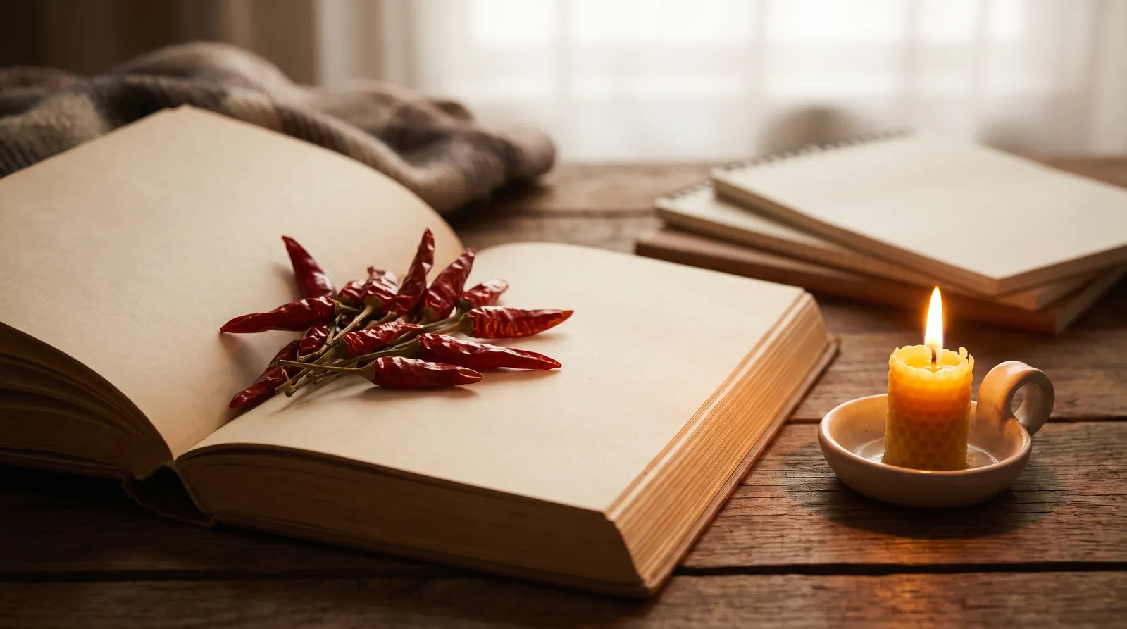Getrocknete rote Chilischoten auf einem aufgeschlagenen Buch, daneben eine Kerze im warmen Licht