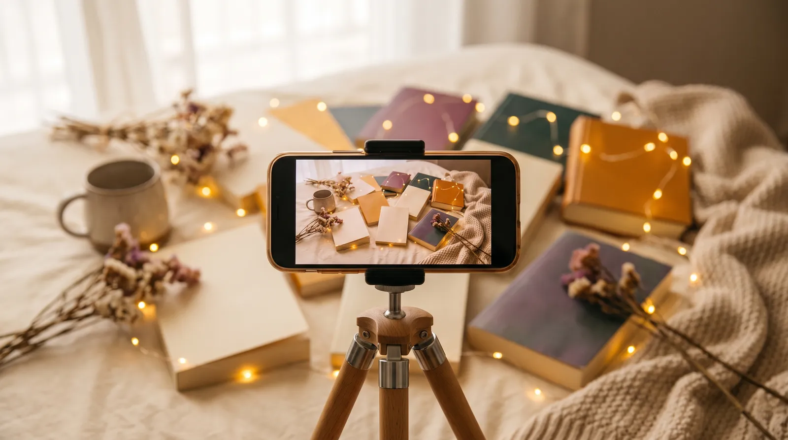 Smartphone auf einem Stativ filmt ein Flatlay aus bunten Taschenbüchern mit Lichterkette