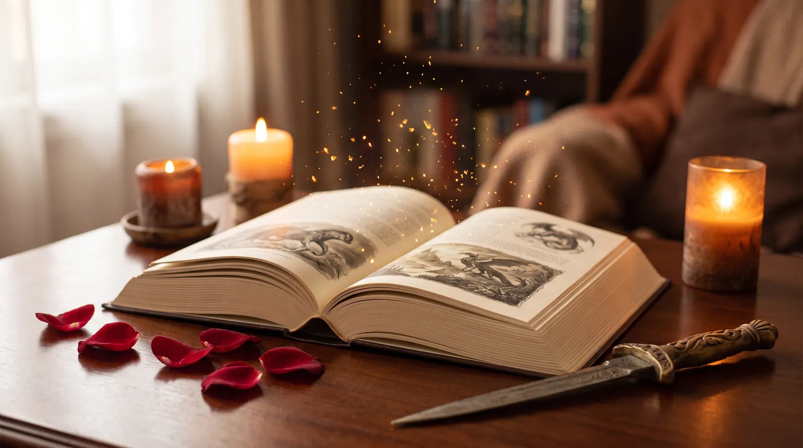 Aufgeschlagenes Fantasy-Buch mit goldenen Funken, Rosenblättern und einem Dolch auf einem Holztisch