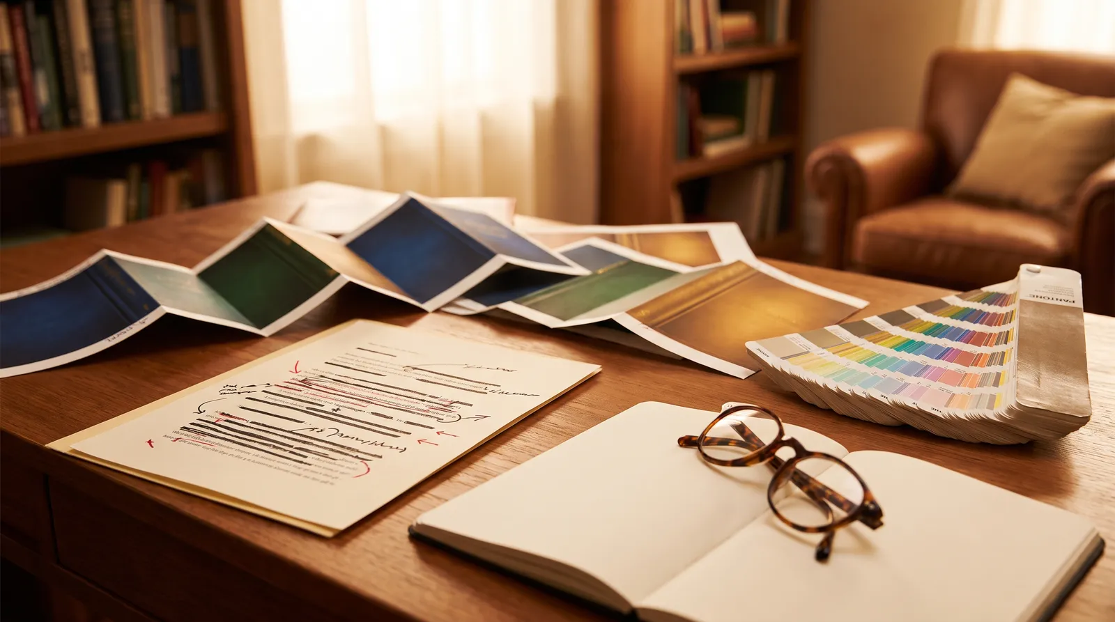 Verlagsschreibtisch mit korrigiertem Manuskript, Cover-Proofs, Farbfächer und Lesebrille